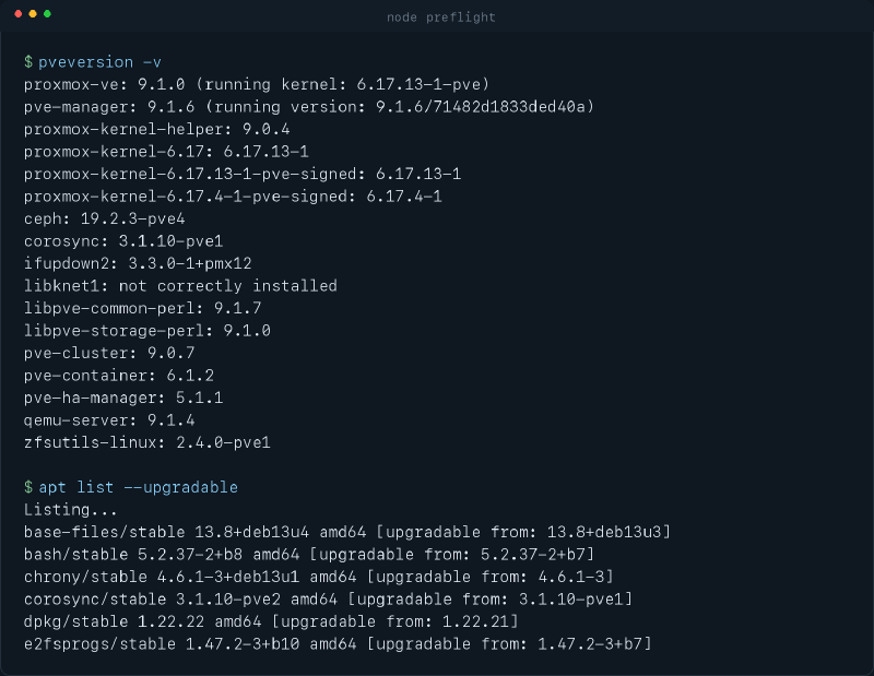 Salida saneada de pveversion y apt list antes de actualizar un nodo Proxmox
