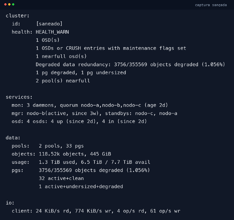 Estado real de Ceph en mi cluster, con nombres e IPs saneados