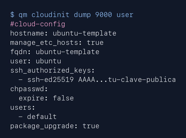 Volcado saneado del user-data real que usa cloud-init en una plantilla Proxmox