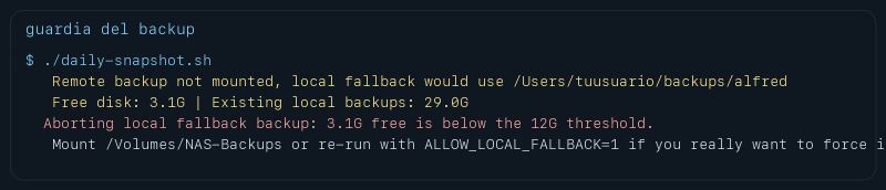 Salida saneada del script real al detectar que el destino remoto no estaba montado y bloquear el fallback local