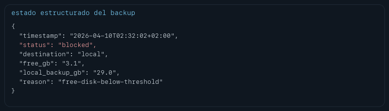Estado JSON saneado que deja el script para que otras tareas detecten si el backup remoto falló o se bloqueó