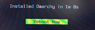 Detalle del instalador de Omarchy: Installed Omarchy in 1m 8s.