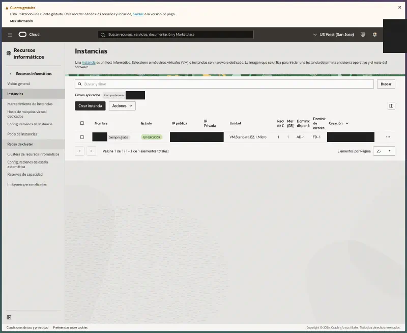 Listado de una instancia existente en Oracle Cloud, con la región San José seleccionada
