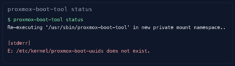 Advertencia saneada de proxmox-boot-tool status al no encontrar proxmox-boot-uuids
