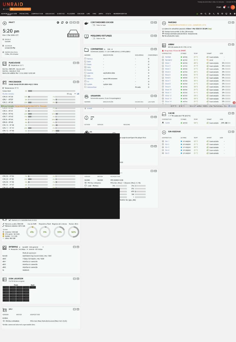 Dashboard de Unraid con 512GB RAM, GPUs NVIDIA y array de 25TB