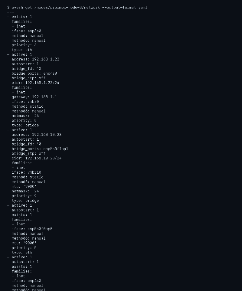 Salida saneada de pvesh get nodes network en Proxmox
