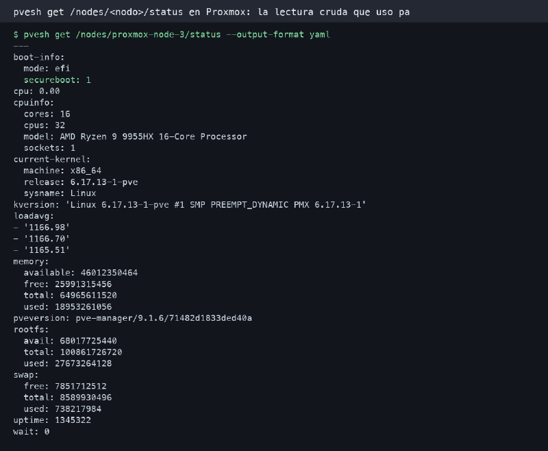 Salida saneada de pvesh get nodes status en Proxmox