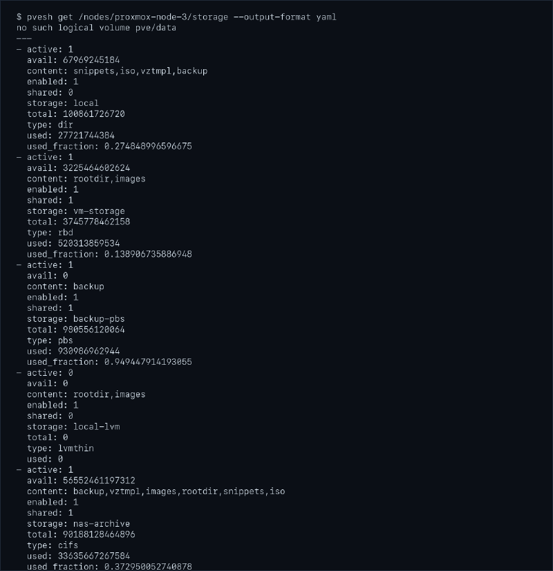 Salida saneada de pvesh get nodes storage en Proxmox
