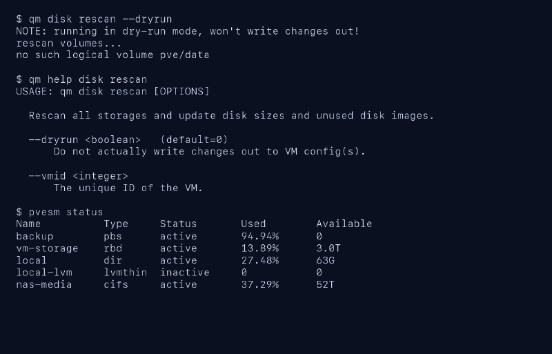 Salida saneada de qm disk rescan dryrun y pvesm status en Proxmox