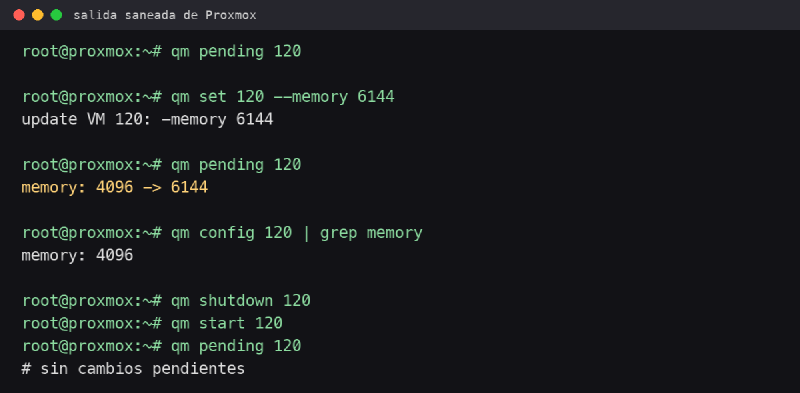 Salida saneada de qm pending en Proxmox mostrando memoria pendiente