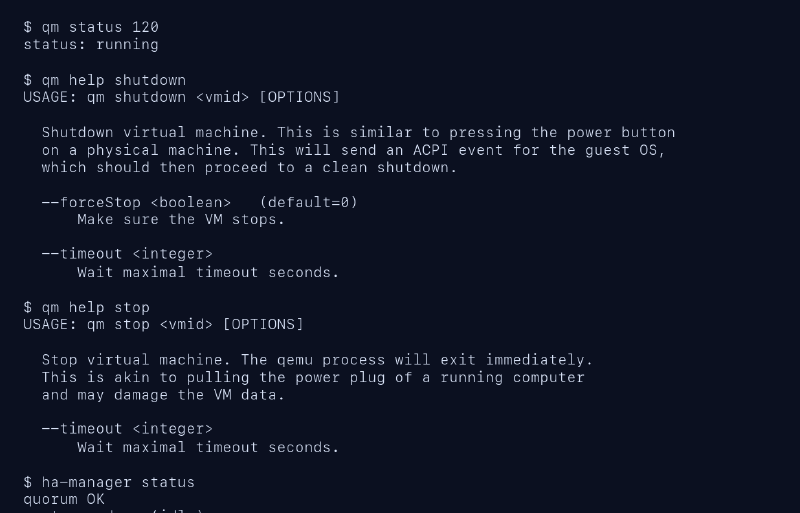Salida saneada de qm shutdown y qm stop en Proxmox