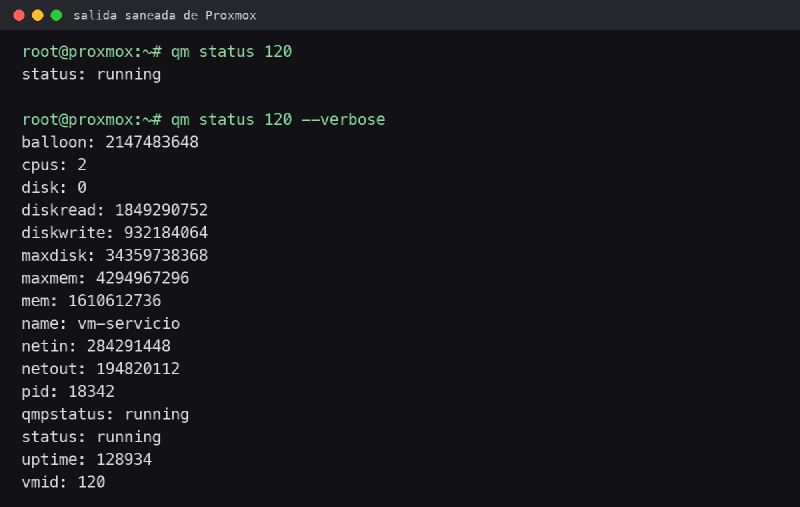 Salida saneada de qm status y qm status verbose en Proxmox