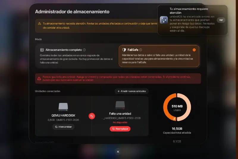Umbrel avisa de una unidad ausente