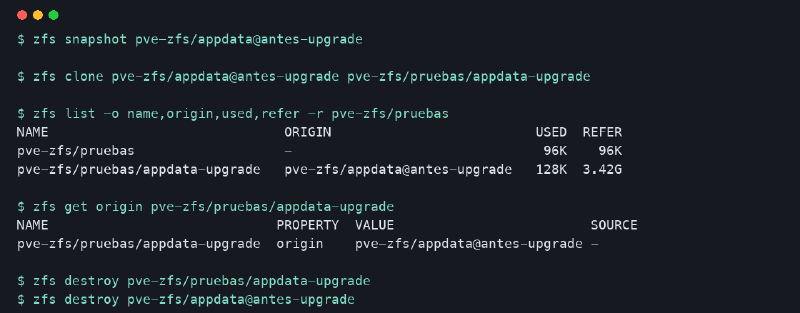 Salida saneada de zfs clone en Proxmox