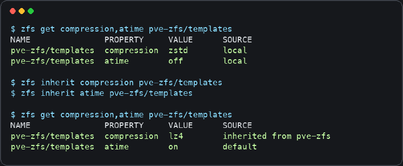 Salida saneada de zfs inherit en Proxmox