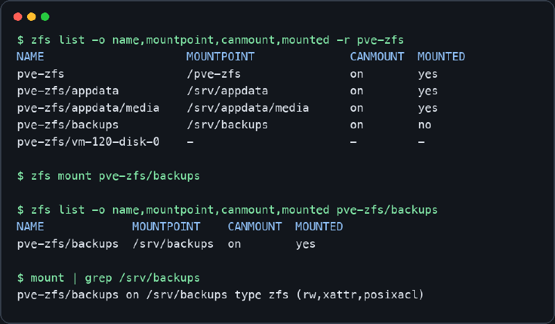 Salida saneada de zfs mount en Proxmox