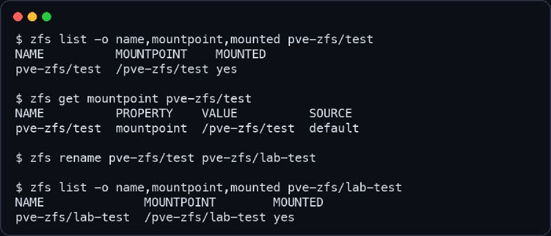 Salida saneada de zfs rename en Proxmox