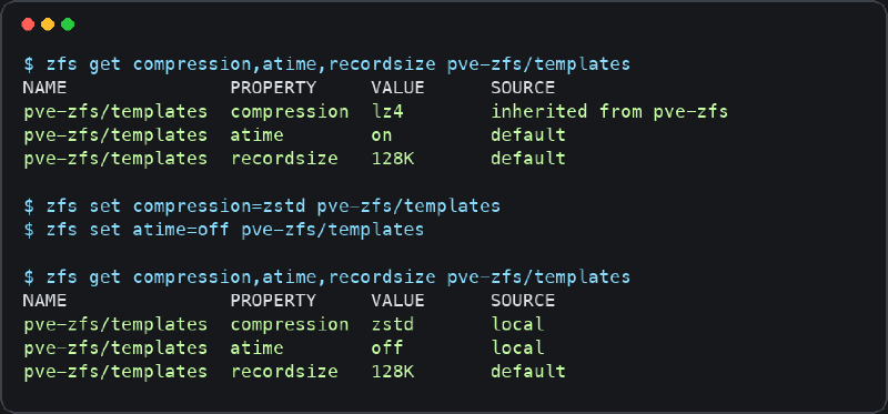 Salida saneada de zfs set en Proxmox