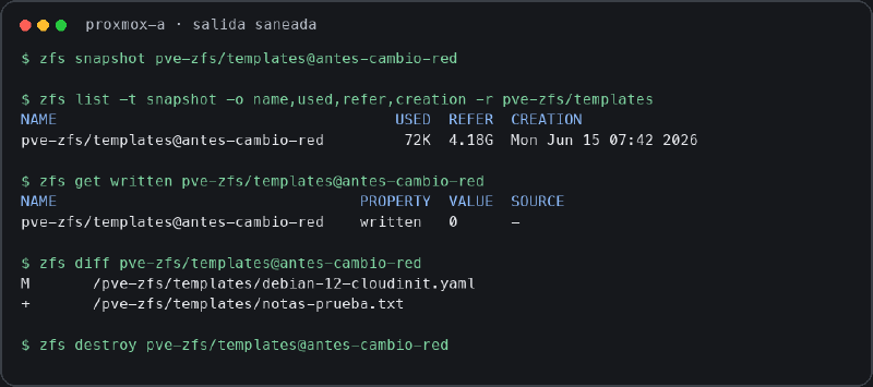 Salida saneada de zfs snapshot en Proxmox