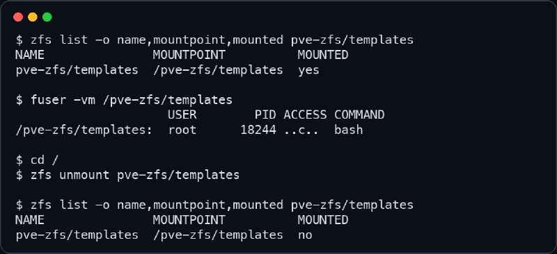 Salida saneada de zfs unmount en Proxmox