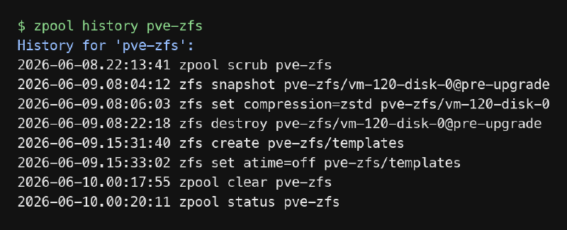 Salida saneada de zpool history en Proxmox