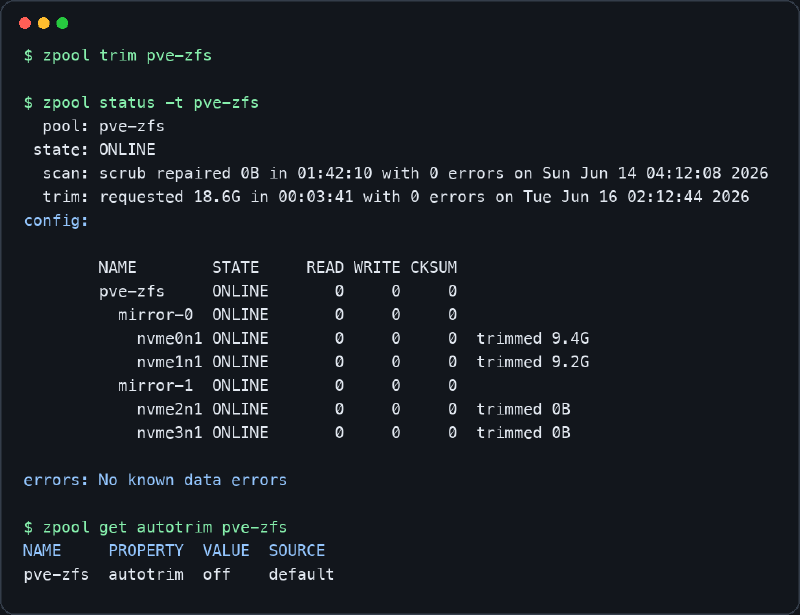 Salida saneada de zpool trim en Proxmox